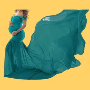Green Maternity Photo Shoot Dress Size M Off Shoulder Split Front Chiffon IWEMEK